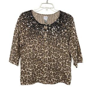 Chico’s Women’s Three Button Sequin Cardigan Knit Sweater Animal Print